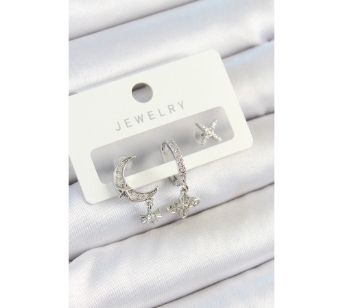 Pirinç Zirkon Taşlı Çiçek Ve Ay Model Gümüş Renk 3'lü Çift Kadın Küpe Set