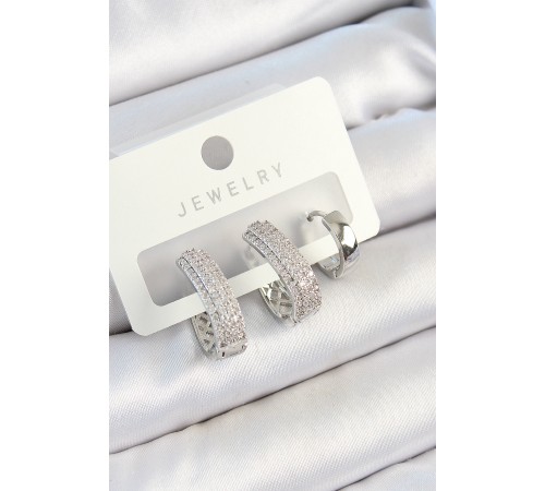 Pirinç Zirkon Taşlı Damla Model Gümüş Renk 3'lü Çift Kadın Küpe Set