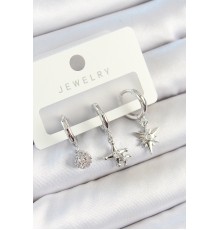 Pirinç Zirkon Taşlı Kutup Yıldızı Model Gümüş Renk 3'lü Çift Kadın Küpe Set