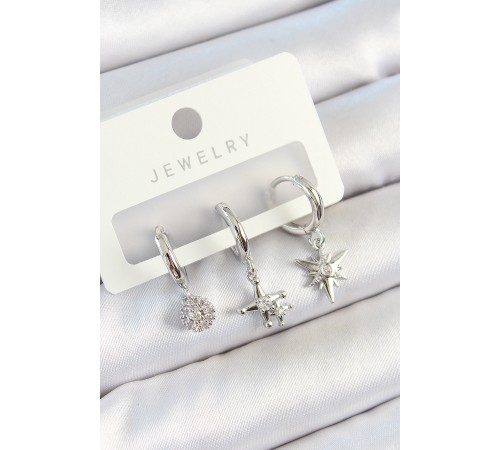 Pirinç Zirkon Taşlı Kutup Yıldızı Model Gümüş Renk 3'lü Çift Kadın Küpe Set