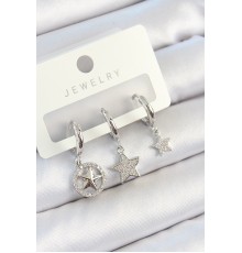 Pirinç Zirkon Taşlı Yıldız Model Gümüş Renk 3'lü Çift Kadın Küpe Set