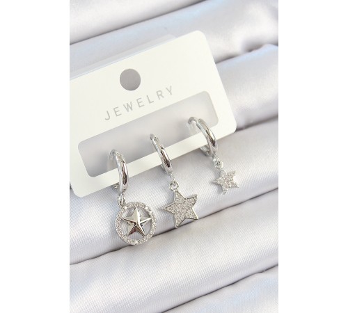 Pirinç Zirkon Taşlı Yıldız Model Gümüş Renk 3'lü Çift Kadın Küpe Set