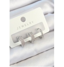 Pirinç Zirkon Taşlı Halka Model Gümüş Renk 3'lü Çift Kadın Küpe Set