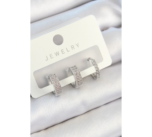 Pirinç Zirkon Taşlı Halka Model Gümüş Renk 3'lü Çift Kadın Küpe Set