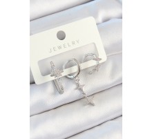 Pirinç Zirkon Taşlı Kelebek Ve Sallantılı Yıldız Model Gümüş Renk 3'lü Çift Kadın Küpe Set