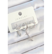 Pirinç Zirkon Taşlı Kelebek Ve Sallantılı Yıldız Model Gümüş Renk 3'lü Çift Kadın Küpe Set