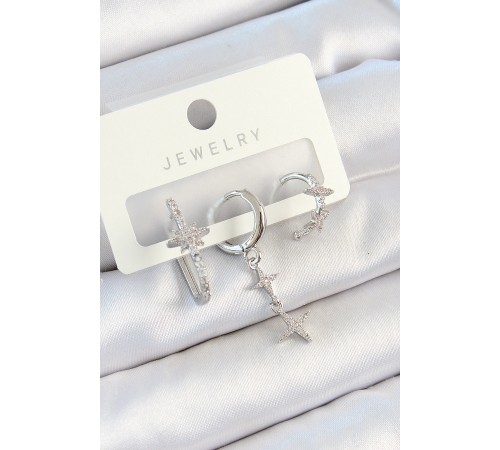 Pirinç Zirkon Taşlı Kelebek Ve Sallantılı Yıldız Model Gümüş Renk 3'lü Çift Kadın Küpe Set