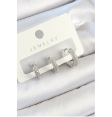 Pirinç Zirkon Taşlı Halka Model Gümüş Renk 3'lü Çift Kadın Küpe Set