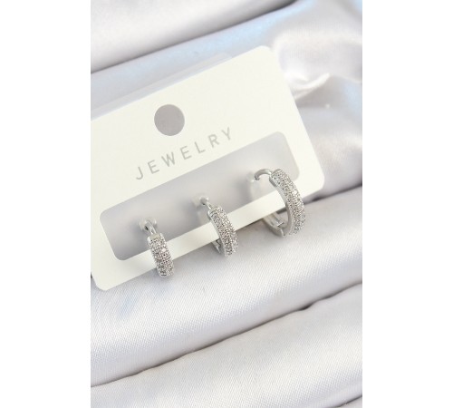 Pirinç Zirkon Taşlı Halka Model Gümüş Renk 3'lü Çift Kadın Küpe Set