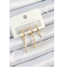 Pirinç Zirkon Taşlı Sallantılı Model Gold Renk 3'lü Çift Kadın Küpe Set
