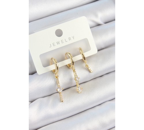 Pirinç Zirkon Taşlı Sallantılı Model Gold Renk 3'lü Çift Kadın Küpe Set