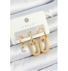 Pirinç Zirkon Taşlı Dikdörtgen Model Gold Renk 3'lü Çift Kadın Küpe Set