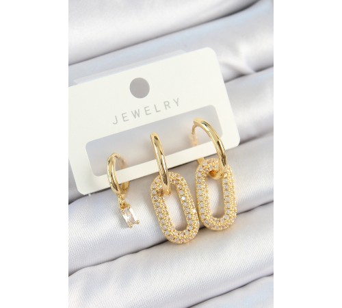 Pirinç Zirkon Taşlı Dikdörtgen Model Gold Renk 3'lü Çift Kadın Küpe Set