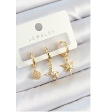 Pirinç Zirkon Taşlı Yıldız Model Gold Renk 3'lü Çift Kadın Küpe Set