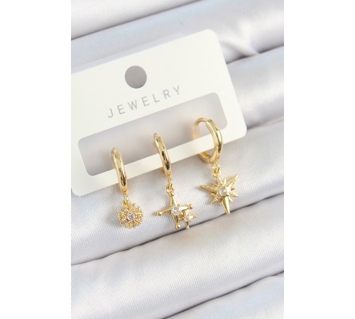 Pirinç Zirkon Taşlı Yıldız Model Gold Renk 3'lü Çift Kadın Küpe Set