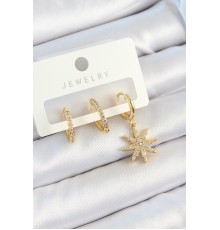 Pirinç Zirkon Taşlı Kutup Yıldızı Model Gold Renk 3'lü Çift Kadın Küpe Set