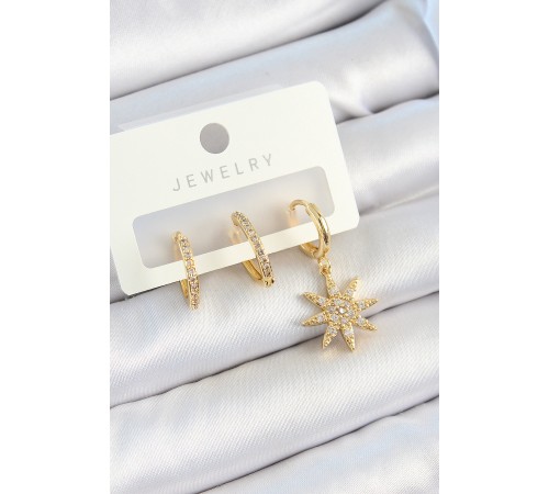 Pirinç Zirkon Taşlı Kutup Yıldızı Model Gold Renk 3'lü Çift Kadın Küpe Set