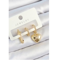 Pirinç Zirkon Taşlı Kalp Model Gold Renk 3'lü Çift Kadın Küpe Set