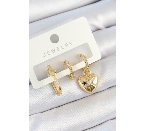 Pirinç Zirkon Taşlı Kalp Model Gold Renk 3'lü Çift Kadın Küpe Set