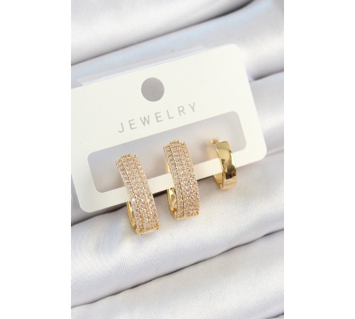 Pirinç Zirkon Taşlı Damla Model Gold Renk 3'lü Çift Kadın Küpe Set