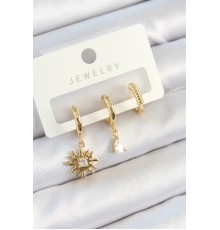Pirinç Zirkon Taşlı Güneş Model Gold Renk 3'lü Çift Kadın Küpe Set