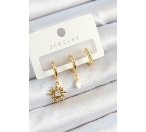 Pirinç Zirkon Taşlı Güneş Model Gold Renk 3'lü Çift Kadın Küpe Set