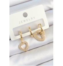 Pirinç Zirkon Taşlı Kalp Model Gold Renk 3'lü Çift Kadın Küpe Set