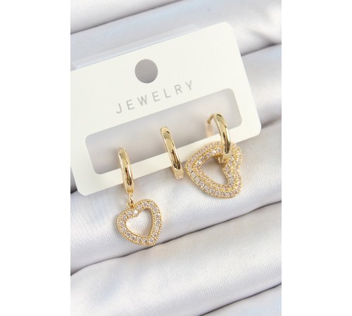 Pirinç Zirkon Taşlı Kalp Model Gold Renk 3'lü Çift Kadın Küpe Set