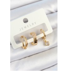 Pirinç Zirkon Taşlı Halka Model Gold Renk 3'lü Çift Kadın Küpe Set