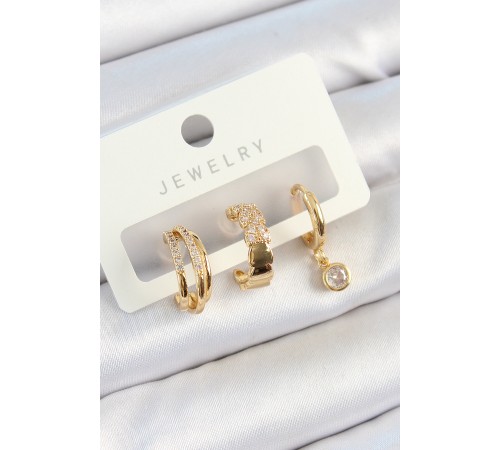 Pirinç Zirkon Taşlı Halka Model Gold Renk 3'lü Çift Kadın Küpe Set