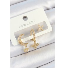 Pirinç Zirkon Taşlı Çiçek Ve Ay Model Gold Renk 3'lü Çift Kadın Küpe Set