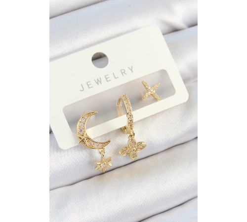 Pirinç Zirkon Taşlı Çiçek Ve Ay Model Gold Renk 3'lü Çift Kadın Küpe Set