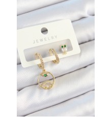 Pirinç Zirkon Taşlı Göz Ve Baykuş Model Gold Renk 3'lü Çift Kadın Küpe Set