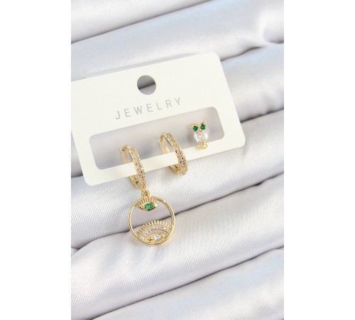 Pirinç Zirkon Taşlı Göz Ve Baykuş Model Gold Renk 3'lü Çift Kadın Küpe Set