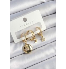Pirinç Zirkon Taşlı Yıldız Ve Ay Model Gold Renk 3'lü Çift Kadın Küpe Set