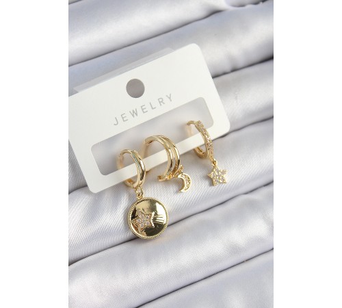 Pirinç Zirkon Taşlı Yıldız Ve Ay Model Gold Renk 3'lü Çift Kadın Küpe Set