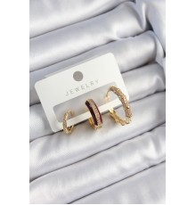 Pirinç Zirkon Taşlı Bordo Halka Model Gold Renk 3'lü Çift Kadın Küpe Set