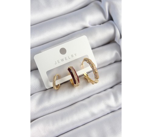 Pirinç Zirkon Taşlı Bordo Halka Model Gold Renk 3'lü Çift Kadın Küpe Set