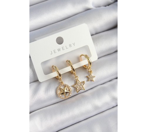 Pirinç Zirkon Taşlı Yıldız Model Gold Renk 3'lü Çift Kadın Küpe Set