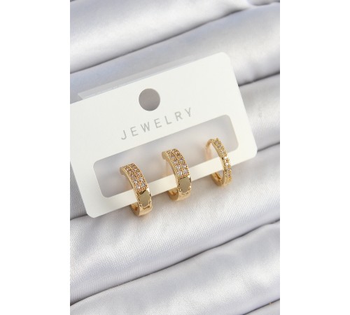 Pirinç Zirkon Taşlı Halka Model Gold Renk 3'lü Çift Kadın Küpe Set