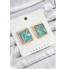 Pirinç Turkuaz Üçgen Kesim Detaylı Kare Model Vintage Gold Renk Kadın Küpe