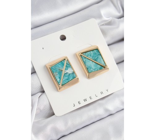 Pirinç Turkuaz Üçgen Kesim Detaylı Kare Model Vintage Gold Renk Kadın Küpe