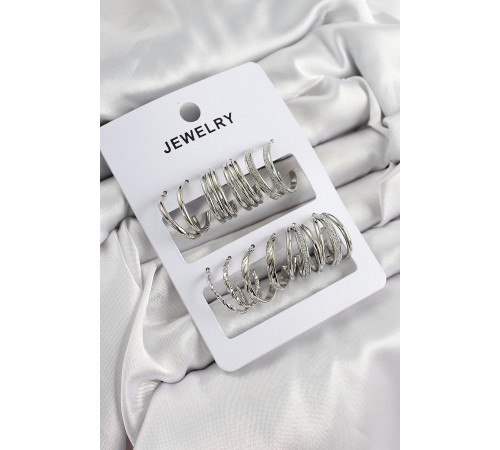 Pirinç Karışık Halka Model Gümüş Renk 6 Çift Kadın Küpe Set
