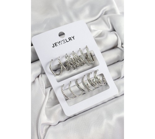 Pirinç Karışık Halka Model Gümüş Renk 6 Çift Kadın Küpe Set