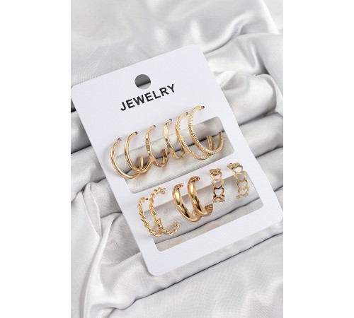 Pirinç Karışık Halka Model Gold Renk 6 Çift Kadın Küpe Set