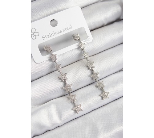 Pirinç Zirkon Taşlı Sallantılı Yıldız Model Gümüş Renk Kadın Küpe