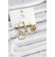 Pirinç Zİrkon Taşlı Kalp Model Gold Renk 3'lü Kadın Küpe