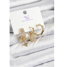 Pirinç Zİrkon Taşlı Sallantılı Yıldız Model Gold Renk 3'lü Kadın Küpe