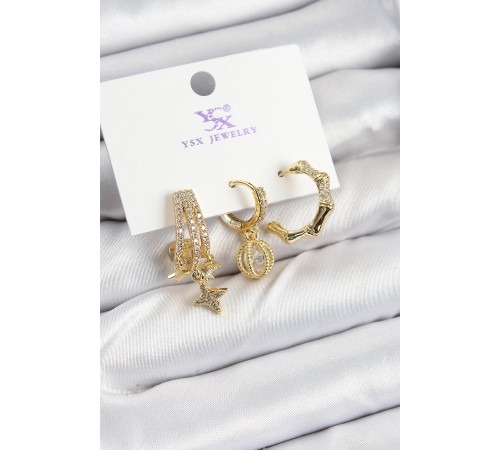 Pirinç Zİrkon Taşlı Sallantılı Yıldız Model Gold Renk 3'lü Kadın Küpe