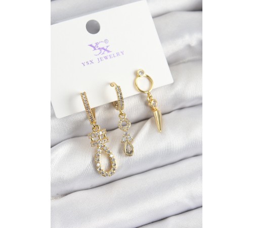 Pirinç Zİrkon Taşlı Sallantılı Model Gold Renk 3'lü Kadın Küpe
